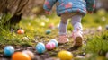 Toddler Steps Among Colorful Eggs During Easter Hunt