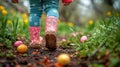 Toddler Steps Among Colorful Eggs During Easter Hunt