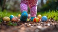 Toddler Steps Among Colorful Eggs During Easter Hunt