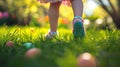 Toddler Steps Among Colorful Eggs During Easter Hunt