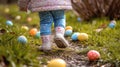 Toddler Steps Among Colorful Eggs During Easter Hunt