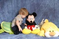 Toddler with stuffed animals Royalty Free Stock Photo