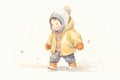 toddler taking cautious steps in the snow, bundled up tightly