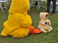 Toddler in a Rubber Duck Costume and the Rubber Duck Mascot share a moment at the Rubber Duck Festival.