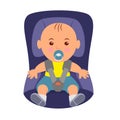 Toddler wearing a seatbelt in the car seat. Illustration of road safety in child car seat