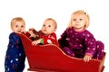 Toddlers in Christmas pajamas sitting in a sleigh