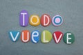 Todo vuelve, spanish phrase meaning everything returns composed with multi colored stone letters over green sand