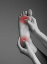 Toe and heel pain caused by plantar fasciitis, arthritis, diabetes, tendinitis, spurs, bruise, fracture. Woman hands Royalty Free Stock Photo