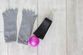 Toe socks, mfr ball, yoga tape on the floor, flat view from above. Royalty Free Stock Photo