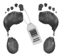 Toe tag on two foot prints Royalty Free Stock Photo