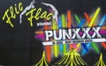 TOENISVORST, GERMANY - JUIN 28. 2019: Close up of cardboard advertising of Flic Flac anniversary tour Punxxx