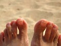 Toes in sand, bare feet on sand beach Royalty Free Stock Photo