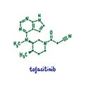 Tofacitinib hand drawn vector formula chemical structure lettering blue green