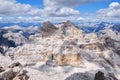 Tofana di Mezzo and di Dentro peaks in Dolomites mountains, Italy, with cloud shadows on a bright Summer day. Alps, summit.