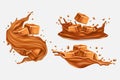 Toffee caramel in splash set, milk chocolate. Sweet candy cube in sugar syrup or dessert cream, 3d brown isolated piece