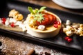 Toffee Panna Cotta with strawberries and caramelized popcorn on a plate. Delicious healthy food closeup served for lunch