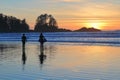 Tofino Chesterman Beach with Surfers watching Winter Sunset, Vancouver Island, British Columbia Royalty Free Stock Photo