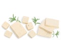 Tofu cheese isolated on white background with clipping path and full depth of field, Top view with copy space for your Royalty Free Stock Photo