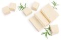 Tofu cheese isolated on white background with clipping path and full depth of field, Top view with copy space for your Royalty Free Stock Photo