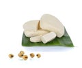 Tofu cheese and soy beans on white background Royalty Free Stock Photo