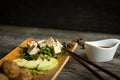 Tofu in close-up view with chopsticks, vegetables, fruit and spices Royalty Free Stock Photo