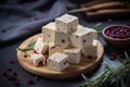 Tofu cubes with cranberries on plate. Generate ai