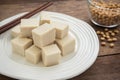 Tofu cubes on plate and soy beans in bowl Royalty Free Stock Photo