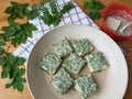 Tofu in green goutweed tempura, cooking organic food