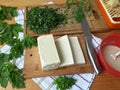 Tofu in green goutweed tempura, cooking organic food