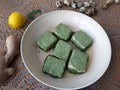 Tofu in green nettles tempura, cooking vegetarian food