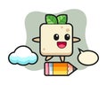 Tofu mascot illustration riding on a giant pencil