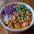 Tofu and Peanut Sauce Bowl with Rice, Red Cabbage, and Cilantro Royalty Free Stock Photo
