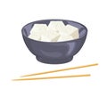 Tofu pieces in black bowl and chopsticks isolated on white background. Vector illustration of bean curd cubes Royalty Free Stock Photo