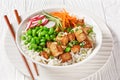 Tofu poke bowl with basmati rice and veggies Royalty Free Stock Photo