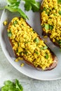 Tofu scramble sandwich on a gray plate, top view. Vegan food concept