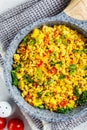 Tofu scramble with vegetables in a pan. Vegan Alternative Omelet Royalty Free Stock Photo