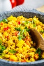 Tofu scramble with vegetables in a pan. Vegan Alternative Omelet Royalty Free Stock Photo