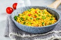 Tofu scramble with vegetables in a pan. Vegan Alternative Omelet Royalty Free Stock Photo