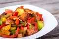 Tofu spicy stir fry on noodle