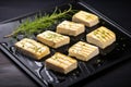 tofu steaks with grill marks on a black slate platter