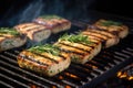 tofu steaks grilling over glowing charcoal