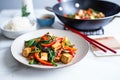 tofu stir fry with mixed bell peppers on wok Royalty Free Stock Photo