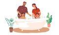 Together bathing boy and girl in the bathroom vector illustration in flat style.