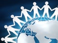 Together we can save planet. People figures holding hands around Earth, dark background. 3D rendering Royalty Free Stock Photo