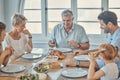 Together, food and happy family lunch with chicken, bread and nutritionist salad for quality time feast, buffet or meal Royalty Free Stock Photo