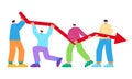 Together holding chart decrease going down arrow red cooperation teamwork colorful action teen casual flat style