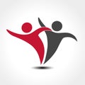 Together joined people icon. Red and grey community symbol. Human sign of two partners. Silhouttes of body with transparency