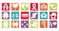 Together, team relation friendly connection social color block icons set