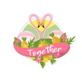 Together tropical summer label, design element with palm leaves, flowers, pineapples and flamingo couple vector Royalty Free Stock Photo