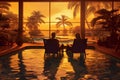 romantic sunset back relax swimming couple pool travel vacation honeymoon. Generative AI. Royalty Free Stock Photo